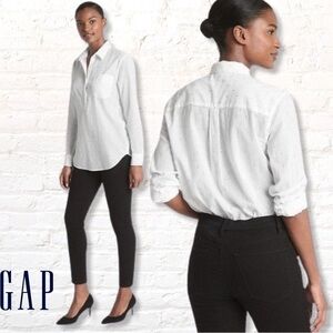 Gap White Boyfriend Shirt Metallic Silver Embroidery Popover Henley Size Large